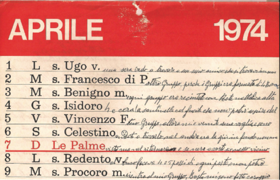 Estratto del manoscritto con i ricordi del nonno Peppe, al secolo Cermaria Elmo: vecchi fogli di calendari del 1974 e del 1977, consegnati al nipote Francesco Nicolini come regalo di matrimonio